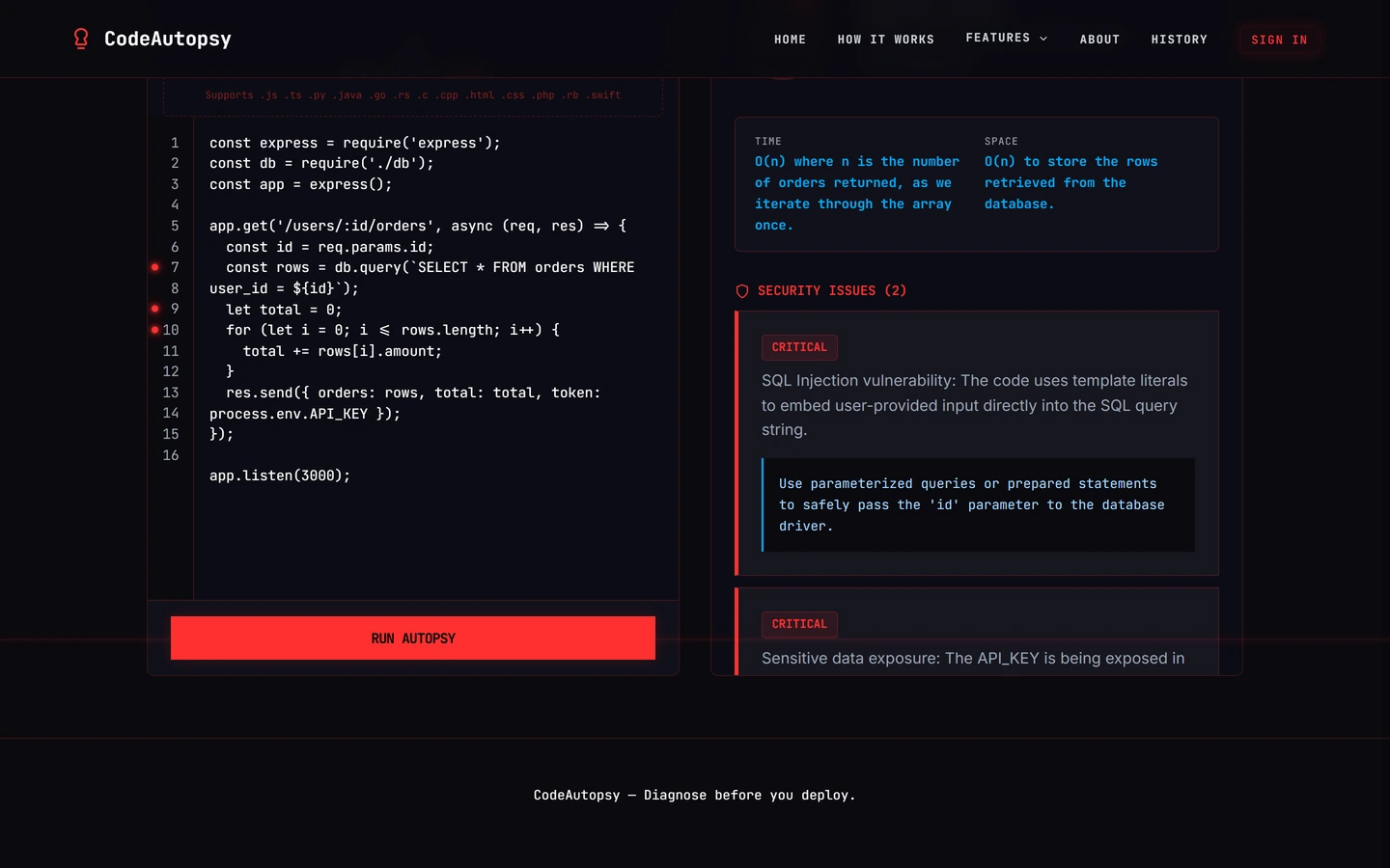 CodeAutopsy’s analysis results: critical issues with their fixes.